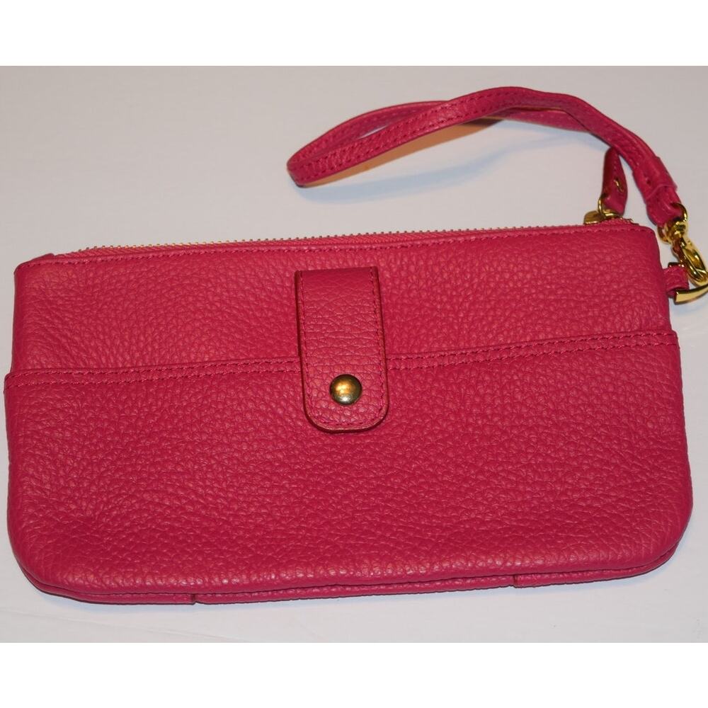 LODIS Wristlet Wallet Hot Pink Pebbled Leather 2 Pockets Zipper Removable Strap